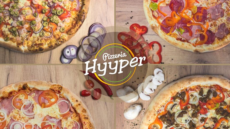 Kolaż czterech różnych pizz na drewnianym tle, z logo Pizzerii Hyyper pośrodku oraz składnikami do pizzy.